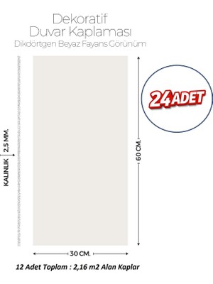 Brano 30X60 cm Kendinden Yapışkanlı Duvar,banyo,tezgah Arası Kırık Beyaz renk-24 Adet
