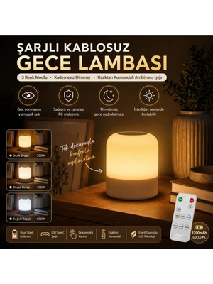 3 Renkli Şarjlı Gece Lambası Kumandalı Kablosuz Masa Lambası
