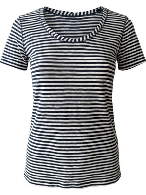 Dukoft Kadın Lacivert Beyaz Çizgili U Yaka %100 Pamuklu Slim Fit Tişört