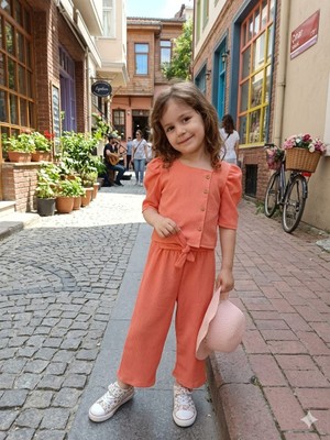Bubiee Baby Kız Çocuk Soman Düğme Detaylı Bürümcük Crop ve Pantolon Alt Üst Takım