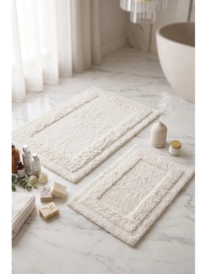 Chalevienne Riviera %100 Pamuk, El Dokuması 2'li Banyo Paspası Ekru 40X60+60X90