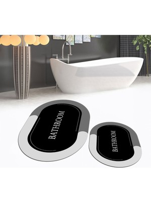 PremiumPort Dijital Baskılı Kaymaz Taban Yıkanabilir Oval Banyo Paspas Takımı