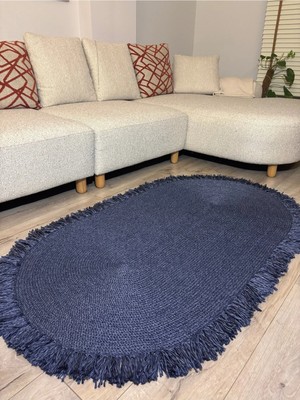 MaVaux Natura Nil Serisi Bambu Lacivert, Hasır Örgü Oval Saçaklı Jüt Kilim Doğal El Yapımı