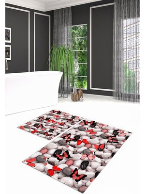 PremiumPort 3D Dijital Baskılı Kaymaz Taban Yıkanabilir Ikili Banyo Takımı