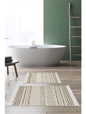 PremiumPort Saçaklı, Kaymaz Tabanlı, Trend ve Şık Banyo Paspas Takımı, Kahve Tonu