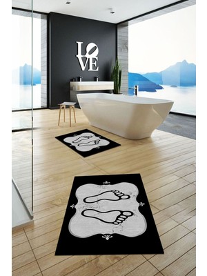PremiumPort Yıkanabilir Ayak Izi Desenli Modern Ikili Banyo Halısı ve Klozet Takımı