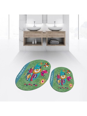 PremiumPort Yıkanabilir Oval Ikili Banyo Paspas Takımı, Kaymaz Taban, Yeşil