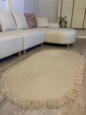 MaVaux Natura Bej Burgu Halat, Hasır Örgü Oval Saçaklı Jüt Kilim Doğal El Yapımı