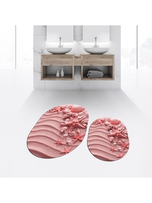 PremiumPort Yıkanabilir Oval Kaymaz Banyo Paspas ve Klozet Takımı Seti