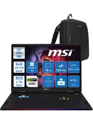 Msi Raider 18 Max Hx A2WI-1040TR Intel Core Ultra 9 290HX Plus 48GB Ddr5 2tb SSD Rtx 5080 16GB 175W Windows 11 Pro 18” Uhd+ (3840X2400) Miniled 120HZ IPS Oyuncu Bilgisayarı 1040TRP07 + Zetta Çanta