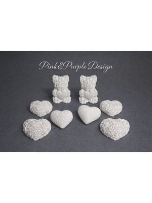 Pink&purple Desing Hobi Amaçlı Boyanabilir Dekoratif Ayıcık ve Kalp Figürlü 8'li Biblo Seti (Saksı Süsü , Magnet,dıy)