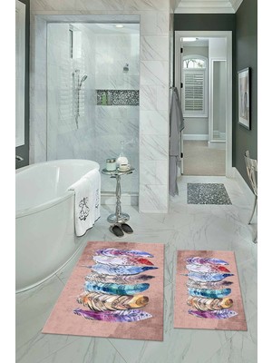 PremiumPort Yıkanabilir, Kaymaz, Dijital Baskılı, Yaprak Desenli, Ikili Banyo Takımı