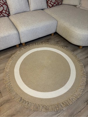 MaVaux Natura Bej Krem Şeritli Burgu Halat, Hasır Örgü Yuvarlak Saçaklı Jüt Kilim Doğal El Yapımı