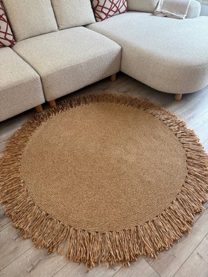 MaVaux Natura Burgu Halat, Hasır Örgü Yuvarlak Saçaklı Jüt Kilim Doğal El Yapımı