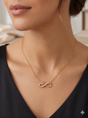 Allwin Sonsuzluk Kadın Çelik Kolye, Pembe Kalp, Gold Renk , Hediye, Anneler Günü, Sevgiliye , Özel Gün, Şık , Minimalist , Işıltılı