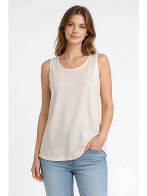 Dukoft Kadın Ekru Bisiklet Yaka Dökümlü %97 Tencel Liyosel Premium Kolsuz Tişört / Atlet