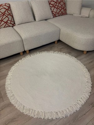 MaVaux Natura Nil Serisi Krem , Hasır Örgü Yuvarlak Saçaklı Jüt Kilim Doğal El Yapımı