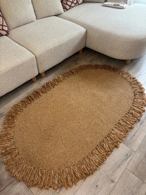 MaVaux Natura Nil Serisi Hasır Görünümlü , Hasır Örgü Yuvarlak Saçaklı Jüt Kilim Doğal El Yapımı