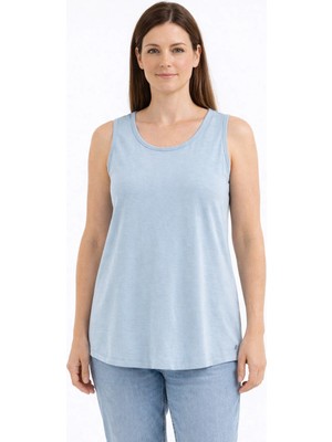 Dukoft Kadın Açık Mavi Bisiklet Yaka Dökümlü %97 Tencel Liyosel Premium Kolsuz Tişört / Atlet