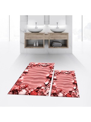 PremiumPort Yıkanabilir Dijital Baskılı Kaymaz Banyo Paspas Takımı, Kırmızı