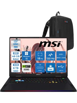 Msi Raider 18 Max Hx A2WJ-1059TR Intel Core Ultra 9 290HX Plus 48GB Ddr5 8tb SSD Rtx 5090 24GB 175W Windows 11 Home 18” Uhd+ (3840X2400) Miniled 120HZ IPS Oyuncu Bilgisayarı 1059TRH10 + Zetta Çanta