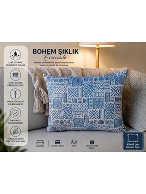 Modern Bohem Desenli Dekoratif Kırlent Kılıfı 47X47 Mavi (4 Adet)