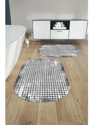PremiumPort Dijital Yıkanabilir Kare Desenli Oval Banyo Paspası ve Klozet Takımı