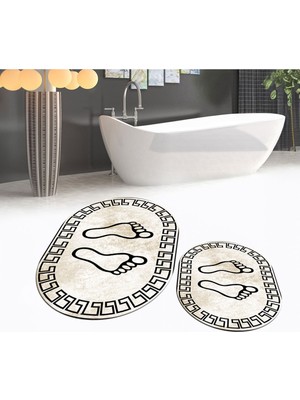 PremiumPort Dijital Baskılı Kaymaz Taban Yıkanabilir Oval Banyo Paspas Takımı