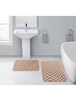 PremiumPort Yıkanabilir 2'li Krem Pembe Zigzag Pamuk Klozet Takımı