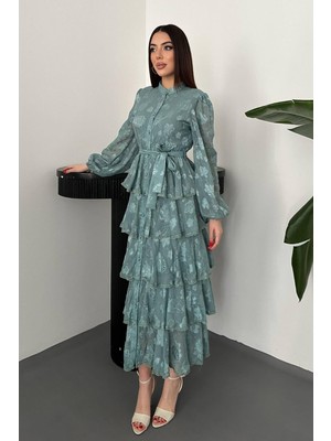 Nils Butik Çiçek Işlemeli Kat Kat Tül Midi Elbise