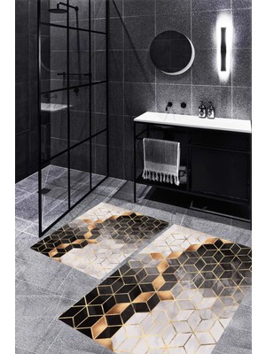 PremiumPort Dijital Baskılı Kaymaz Tabanlı Yıkanabilir Klozet Takımı 2'li Kare 60X100CM+50X60CM