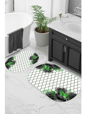 PremiumPort Yıkanabilir Çiçek Desenli Oval Banyo Paspası Çift Takım