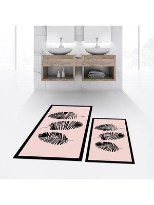 PremiumPort Yıkanabilir Dijital Baskılı Kaymaz Taban Ikili Banyo Paspas Takımı