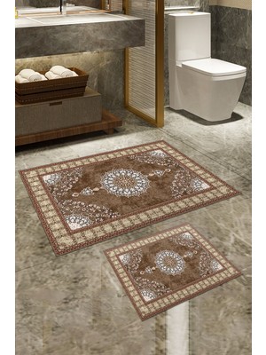 PremiumPort Şık Bej Dijital Kaymaz Taban Banyo Klozet Takımı 2'li Set