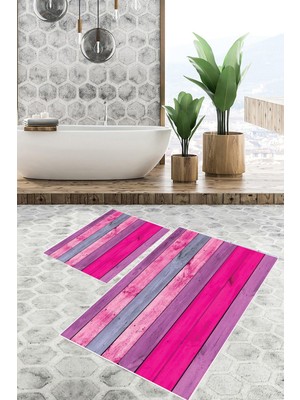 PremiumPort Yıkanabilir Dijital Baskılı Kaymaz Taban Banyo Paspas Seti 2'li