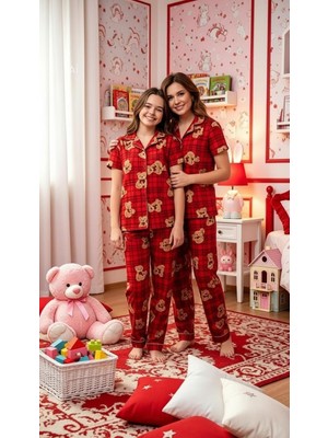 NiCe İç Giyim Anne &kız Kombin Kırmızı Ekoseli Tedy Bear Kısa Kol Gömlek Yaka Düğmeli Milan Kumaş Mevsimlik Pijama Takım (Ayrı Satılır)
