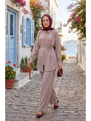 ZNK Yaka Büzgülü Tunik Pantolonlu Ikili Takım Bej