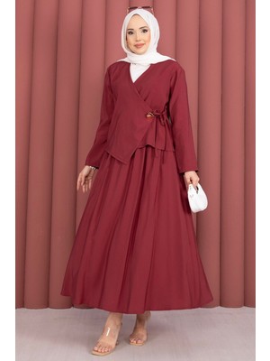 ZNK Yandan Bağlamalı Kimono Etek Ikili Takım Bordo