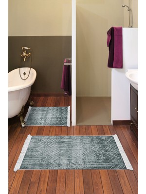 PremiumPort Yeşil Banyo Paspas Takımı, Kaymaz Taban, Trend Saçaklı, Djt 2 Li, F5083