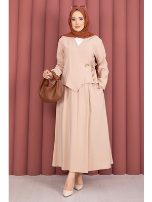 ZNK Yandan Bağlamalı Kimono Etek Ikili Takım Bej