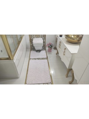 PremiumPort Pembe Banyo Halısı ve Klozet Takımı 3'lü Set, Şık ve Konforlu Kullanım