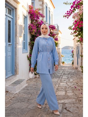 ZNK Yaka Büzgülü Tunik Pantolonlu Ikili Takım Bebe Mavisi