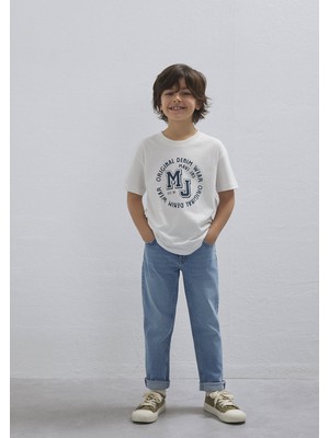 Mavi Mj Logo Baskılı Kısa Kol Tişört Erkek Çocuk İçin Günlük Stil Ekru Dokuma