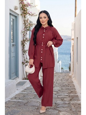ZNK Yaka Büzgülü Tunik Pantolonlu Ikili Takım Bordo