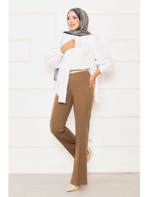 Kç Beli Lastikli Ispanyol Paça Pantolon Latte
