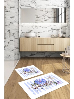 PremiumPort Renkli Gül Motifli Yıkanabilir Kaymaz Banyo Paspası ve Klozet Takımı