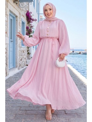 SMS Balon Kol Eteği Fırfırlı Tesettür Elbise Pembe