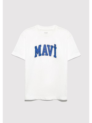 Mavi Logo Baskılı Tişört Kırık Beyaz