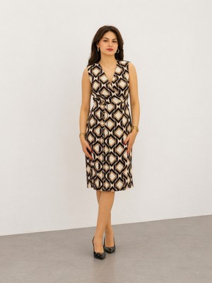 Ekol Geometrik Desenli Kruvaze Midi Elbise 6160