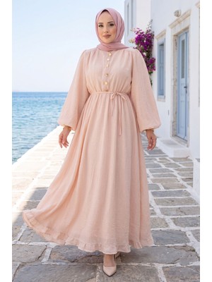 SMS Balon Kol Eteği Fırfırlı Tesettür Elbise Bej